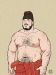  1boy absurdres asian bara beard borrowed_character chinese_clothes cowboy_shot facial_hair gangdong highres large_pectorals looking_at_viewer male_focus mature_male muscular muscular_male mustache navel navel_hair nipples original pectorals solo stomach strongman_waist thick_eyebrows topless_male 