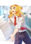  1boy black_pants blonde_hair falling forked_eyebrows highres holding holding_paper kimetsu_gakuen kimetsu_no_yaiba male_focus multicolored_hair necktie open_mouth pants paper red_hair red_necktie remsor076 rengoku_kyoujurou shirt solo white_shirt 