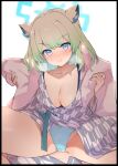 1girl animal_ears blanket blue_archive blue_eyes blue_panties blush breasts caburi cleavage collarbone green_hair grey_kimono halo highres japanese_clothes kimono licking_lips long_sleeves looking_at_viewer medium_breasts panties shigure_(blue_archive) shigure_(hot_spring)_(blue_archive) short_hair sitting smile solo spread_legs tongue tongue_out underwear weasel_ears wide_sleeves 