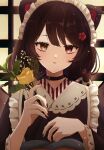  1girl animal_ears black_choker black_kimono brown_hair bym_osakana choker dog_ears dog_girl dog_hair_ornament flower hair_ornament heterochromia highres inui_toko inui_toko_(1st_costume) japanese_clothes kimono long_hair low_twintails maid maid_headdress nijisanji red_eyes red_nails solo twintails virtual_youtuber wa_maid yellow_eyes yellow_flower 