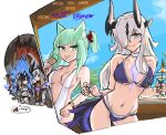  1boy 4girls :p animal_ears arknights astrograph21 bangs bikini black_hair blue_eyes blue_sky breasts cat_ears cat_girl choker cocktail_glass cup day dragon dragon_girl dragon_horns dragon_tail drink drinking_glass eblana_(arknights) food food_on_face green_hair grey_hair hair_ornament hair_over_one_eye harmonie_(arknights) holding holding_drink holding_food horns ice_cream large_breasts mint_chocolate multiple_girls navel noir_corne_(arknights) one-piece_swimsuit outdoors palm_tree purple_bikini reed_(arknights) sky slingshot_swimsuit smile swimsuit tail tongue tongue_out tree white_choker white_one-piece_swimsuit yato_(arknights) 