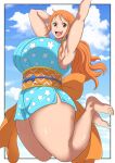  1girl armpits breasts cloud feet highres huge_breasts japanese_clothes jumping long_hair looking_at_viewer nami_(one_piece) one_piece orange_eyes orange_hair oryutoo smile solo teeth thick_thighs thighs toes tongue 