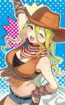  1girl ;d american_flag_neckwear arm_up bandana blonde_hair blue_background blue_eyes blue_shorts breasts brown_headwear cleavage cowboy_hat cowboy_western crop_top furukawa_raku hand_on_hip hat highres kimi_no_koto_ga_dai_dai_dai_dai_daisuki_na_100-nin_no_kanojo long_hair medium_breasts navel one_eye_closed open_mouth shirt short_shorts shorts sleeveless sleeveless_shirt smile solo stomach very_long_hair yamato_nadeshiko_(100kanojo) 