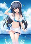  1girl alternate_costume beret black_hair blush breasts cleavage cloud commentary_request commission hair_ornament hairclip hat highres indie_virtual_youtuber karijo looking_at_viewer medium_breasts nagino_mashiro ocean petals red_eyes ribbon sky swimsuit virtual_youtuber 
