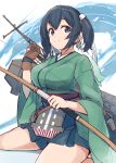  1girl blue_eyes blue_hair blue_skirt breasts flight_deck green_kimono highres holding holding_weapon japanese_clothes kantai_collection kimono looking_at_viewer minosu skirt smile solo souryuu_(kancolle) weapon wide_sleeves 