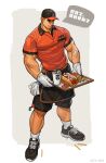  1boy absurdres bara baseball_cap black_hair black_shorts collared_shirt dark-skinned_male dark_skin employee_uniform fast_food food full_body hat highres holding holding_tray laces large_pectorals male_focus muscular muscular_male orange_shirt original pectorals sausage sexually_suggestive shirt shoes short_hair shorts smile sneakers solo standing tray uniform xian_miao 