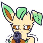  1:1 2023 alpha_channel ambiguous_gender bodily_fluids brown_body brown_fur digital_media_(artwork) eeveelution endwl feral fingers fur generation_4_pokemon green_body green_fur gun handgun holding_gun holding_object holding_weapon leafeon looking_at_viewer low_res nintendo pistol pokemon pokemon_(species) ranged_weapon reaction_image solo tan_body tan_fur tears weapon 