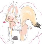  1girl all_fours animal_ear_fluff animal_ears bare_shoulders blonde_hair blush bob_cut bow bowtie breasts cat closed_eyes commentary elbow_gloves facial_mark facing_viewer fennec_(kemono_friends) fox_ears fox_girl fox_tail full_body gloves heart heart_facial_mark highres kemono_friends large_breasts large_ears no_shoes notora shirt short_hair simple_background sleeveless sleeveless_shirt solo tail thighhighs toeless_legwear toes white_background white_shirt yellow_bow yellow_bowtie yellow_gloves yellow_thighhighs 