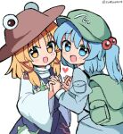  2girls :d backpack bag blonde_hair blue_eyes blue_hair hair_bobbles hair_ornament hair_ribbon hat holding_hands interlocked_fingers kawashiro_nitori looking_at_viewer moriya_suwako multiple_girls purple_vest ramudia_(lamyun) ribbon skirt skirt_set smile touhou twitter_username two_side_up vest wide_sleeves yellow_eyes yuri 