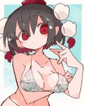  1girl bare_arms bare_shoulders bikini black_hair breasts collarbone hat large_breasts massakasama pom_pom_(clothes) red_eyes red_headwear shameimaru_aya short_hair solo swimsuit tokin_hat touhou upper_body 