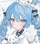  1girl :3 black_bow blue_eyes blue_hair blush bow chibi cinnamoroll collared_shirt commentary_request drill_hair hair_bow hair_ornament hairclip haruta_333_x hatsune_miku heart holding long_hair looking_at_viewer sanrio shirt sketch smile twintails upper_body vocaloid 