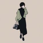  1girl amagami bag black_bag black_dress black_eyes black_footwear black_hair bob_cut cardigan closed_mouth dress full_body green_cardigan grey_background handbag highres holding holding_bag long_sleeves nanasaki_ai new_balance off_shoulder open_cardigan open_clothes oshizu shoes short_hair simple_background sneakers solo standing turtleneck_dress 