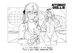  2girls absurdres ak-12_(girls&#039;_frontline) an-94_(girls&#039;_frontline) atomic_heart bullet commentary emile_aoi english_commentary english_text girls&#039;_frontline greyscale highres holding holding_bullet indoors jacket left_(atomic_heart) leotard long_hair mask mechanical_arms monochrome multiple_girls open_clothes open_jacket parody ponytail pov right_(atomic_heart) scene_reference 