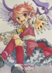  1girl ahoge animal_ears bird_ears bird_wings blush earrings fang highres jewelry kusiyan mystia_lorelei no_headwear open_mouth pink_hair red_eyes short_hair single_earring smile solo touhou white_wings wings 