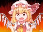  1girl :d ascot breasts bright_pupils fang fiery_background fire flandre_scarlet hands_up hat highres light_particles looking_at_viewer medium_hair mob_cap one_side_up outline puffy_short_sleeves puffy_sleeves red_eyes red_vest short_sleeves small_breasts smile solo touhou upper_body v-shaped_eyebrows vest white_outline white_pupils yellow_ascot zanasta0810 