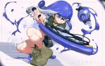  1boy artist_name blue_eyes blue_hair commentary commission green_footwear highres holding holding_sword holding_weapon inkling inkling_boy jinkobanana medium_hair paint paint_splatter sample_watermark shirt shoes simple_background solo splatana_wiper_(splatoon) splatoon_(series) sword symbol-only_commentary torpedo_(splatoon) watermark weapon white_background white_shirt 