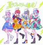  4girls alternate_costume amagi_rinne blue_eyes blue_hair blush closed_mouth crazy_b_(ensemble_stars!) dorucheru ensemble_stars! full_body genderswap genderswap_(mtf) grey_hair highres himeru_(ensemble_stars!) japanese_clothes kimono_dress long_hair looking_at_viewer medium_hair multiple_girls one_eye_closed open_mouth oukawa_kohaku pink_hair ponytail purple_eyes red_hair shiina_niki smile translation_request yellow_eyes 