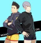  2boys aqua_background bara black_hair black_jacket black_male_underwear bottomless bulge closed_mouth crossed_arms grey_hair grey_jacket hair_over_one_eye ishida_mitsunari_(sengoku_basara) itto_(mentaiko) jacket male_focus male_underwear multiple_boys sengoku_basara short_hair simple_background smile spiked_hair tokugawa_ieyasu_(sengoku_basara) underwear yellow_male_underwear 