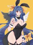  1girl :o angel_wings animal_ears asymmetrical_wings bare_shoulders black_bow black_bowtie black_leotard blue_hair bow bowtie breasts bunny_day chemaru_(a8l) cleavage covered_navel covered_nipples detached_collar dizzy_(guilty_gear) fake_animal_ears guilty_gear hair_between_eyes hair_ribbon hair_rings highleg highleg_leotard highres large_breasts leotard long_hair looking_at_viewer mature_female monster_girl open_mouth playboy_bunny rabbit_ears red_eyes ribbon sidelocks skindentation sleeveless solo tail tail_ornament tail_ribbon thick_thighs thigh_strap thighs twintails very_long_hair wings wrist_cuffs yellow_background yellow_ribbon 