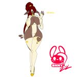  1:1 absurd_res belly big_breasts breasts brown_body brown_ears brown_skin character_name clothing elf female hair hi_res humanoid iavren_(succubusbnny) legwear nipple_outline red_hair signature solo succubusbnny topwear watermark white_clothing wide_hips yellow_clothing 