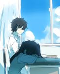  1boy 1girl aaniko black_eyes black_hair blue_sky chair closed_mouth cloud collared_shirt commentary_request curtains day desk enomoto_takane facing_down from_side hair_between_eyes head_on_table head_rest indoors kagerou_project kokonose_haruka long_hair looking_down mole mole_under_eye on_chair open_collar pale_skin partial_commentary profile school_desk shirt short_hair short_sleeves sitting sketch sky sleeping sleeping_upright smile summer_uniform sweater_vest twintails upper_body white_shirt window yellow_sweater_vest 