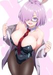  1girl absurdres animal_ears between_breasts black_leotard blue_leotard blush bow bowtie breasts brown_pantyhose cleavage covered_navel curio_(curiofinity) detached_collar fake_animal_ears fake_tail fate/grand_order fate_(series) glasses hair_over_one_eye highleg highleg_leotard highres jacket large_breasts leotard light_purple_hair looking_at_viewer mash_kyrielight medium_hair necktie necktie_between_breasts open_clothes open_jacket pantyhose playboy_bunny purple_eyes rabbit_ears rabbit_tail smile solo strapless strapless_leotard tail traditional_bowtie wrist_cuffs 