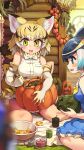  2girls :o absurdres animal_ears animal_print back_bow bare_arms bare_legs bare_shoulders belt black_hair blonde_hair blue_eyes blue_hair blurry blurry_background blush bow bowtie breast_pocket candle cat_ears cat_girl cat_tail collared_dress common_dolphin_(kemono_friends) day dorsal_fin dress elbow_gloves extra_ears gloves green_eyes grey_hair halloween high-waist_skirt highres holding huge_bow indoors jack-o&#039;-lantern kemono_friends looking_at_another medium_hair melaton multicolored_eyes multicolored_hair multiple_girls open_mouth pocket print_bow print_bowtie print_gloves print_skirt pumpkin sailor_collar sand_cat_(kemono_friends) shirt skirt sleeveless sleeveless_dress sleeveless_shirt smile tail white_hair white_shirt wooden_wall yellow_bow yellow_bowtie yellow_eyes 