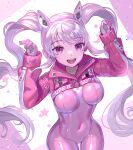  1girl alice_(nikke) animal_ear_headphones animal_ears bodysuit breasts clothes_writing covered_navel cropped_jacket fake_animal_ears gloves goddess_of_victory:_nikke headphones highres impossible_bodysuit impossible_clothes jacket long_hair looking_at_viewer medium_breasts pink_bodysuit pink_eyes pink_gloves pink_hair puffy_sleeves rabbit_pose raymond_busujima red_jacket sidelocks skin_tight sleeves_past_wrists smile solo star_(symbol) teeth thigh_gap twintails two-tone_gloves upper_teeth_only white_gloves wide_hips 