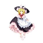  1girl apron black_headwear blonde_hair bow capelet closed_mouth clothes_lift frilled_hat frills full_body game_cg hat hat_bow highres kirisame_marisa lifted_by_self long_sleeves looking_at_viewer perfect_cherry_blossom rotte_(1109) short_hair simple_background smile socks solo third-party_source touhou touhou_lost_word waist_apron white_apron white_background white_bow white_capelet white_socks witch_hat yellow_eyes 