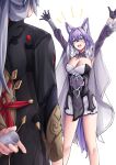  1boy 1girl :d absurdres animal_ears aqua_eyes armpits arms_up baiheng_(honkai:_star_rail) black_gloves black_jacket breasts cleavage commentary_request cup feet_out_of_frame fox_ears gloves grey_hair highres holding holding_cup honkai:_star_rail honkai_(series) jacket large_breasts long_hair long_sleeves miniskirt open_mouth pleated_skirt purple_hair pyeong-il_pyeongil shirt shrug_(clothing) simple_background skirt smile standing strapless strapless_shirt thighs very_long_hair white_background white_skirt yingxing_(honkai:_star_rail) 