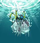  air_bubble animal_focus aqua_eyes araquanid bubble claws commentary_request fighting futena_goze golisopod highres light_rays no_humans pokemon pokemon_(creature) spikes underwater 