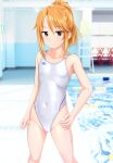  1girl absurdres breasts brown_eyes commentary_request competition_swimsuit covered_navel feet_out_of_frame hand_on_own_hip highleg highleg_swimsuit highres idolmaster_cinderella_girls_u149 long_hair looking_at_viewer one-piece_swimsuit orange_hair photo_background ponytail pool poolside sidelocks small_breasts solo swimsuit takafumi white_one-piece_swimsuit yuuki_haru 