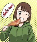  1girl amano_saku biting black_eyes black_hair casual chicken_(food) english_text eyelashes food green_hoodie half-closed_eyes hand_up highres holding holding_food hood hoodie long_sleeves looking_at_viewer medium_hair sakimiya_satsuki sakimiya_senpai_no_kyujitsu smile solo speech_bubble teeth upper_body 