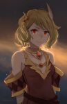  1girl belt black_belt blonde_hair breasts brown_dress citrinne_(fire_emblem) cleavage commentary_request detached_sleeves dress fire_emblem fire_emblem_engage highres jewelry kaphrin looking_at_viewer medium_breasts neck_ring red_eyes short_hair sleeveless sleeveless_dress smile solo upper_body wing_hair_ornament 