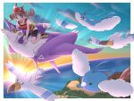  1girl :d aqua_eyes bike_shorts bike_shorts_under_shorts border bow_hairband brown_hair commentary eyelashes fanny_pack flying hairband hana_e_(ka_e0128) highres latias looking_to_the_side may_(pokemon) mega_latias mega_pokemon open_mouth pokemon pokemon_(creature) pokemon_oras red_hairband red_shirt riding riding_pokemon shirt shoes shorts sidelocks sleeveless sleeveless_shirt smile swablu white_border wingull yellow_bag yellow_footwear 