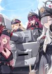  4girls :d black_headwear blue_archive blue_eyes blue_sky bra breasts cleavage cloud day ddangbi gloves hair_over_one_eye halo hat highres ibuki_(blue_archive) iroha_(blue_archive) large_breasts long_hair looking_at_viewer makoto_(blue_archive) military military_vehicle mole mole_on_breast motor_vehicle multiple_girls open_mouth outdoors peaked_cap pointy_ears red_bra red_hair satsuki_(blue_archive) sky smile tank underwear white_gloves white_hair yellow_eyes 