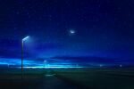  blue_theme cloud commentary_request crescent_moon dark field grass lamppost light mks moon night night_sky no_humans original outdoors revision road scenery sky star_(sky) starry_sky 