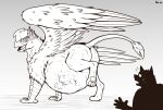  abdominal_bulge ambiguous_gender anthro anthro_prey avian beak belly big_belly butt feral feral_pred greyscale group gryphon justin_(spyman2000) looking_back male male_pred monochrome mythological_avian mythology paws raised_leg raised_paw thatgryphonguy trio wings 