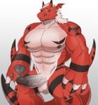  abs anthro balls bandai_namco claws digimon digimon_(species) erection genitals growlmon hair hi_res looking_at_viewer male muscular muscular_anthro muscular_male nipples nude pecs penis reptile scalie simple_background solo symbol velk yellow_eyes 