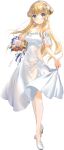  1girl bare_shoulders blonde_hair bouquet breasts cleavage collarbone double_bun dress fletcher_(kancolle) flower full_body hair_bun hair_ornament hairband holding holding_bouquet kantai_collection large_breasts long_hair off_shoulder official_art purple_eyes solo star_(symbol) transparent_background white_dress zeco 