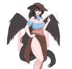  1girl bare_shoulders black_hair black_wings cowboy_hat feathered_wings hat highres horse_girl horse_tail kurokoma_saki looking_at_viewer mata_(matasoup) red_eyes smile solo tail thighs touhou wings 