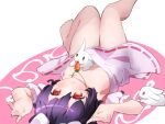  1girl :3 \||/ animal_ears bad_feet bad_hands bad_perspective bare_legs barefoot black_hair breasts carrot_necklace chikuzen1996 dress foot_out_of_frame hands_up highres inaba_tewi jewelry knees_up legs_up lying necklace on_back pink_dress puffy_short_sleeves puffy_sleeves rabbit rabbit_ears rabbit_pose red_eyes short_hair short_sleeves simple_background small_breasts solo touhou upside-down 