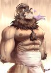  abs absurd_res anthro body_hair brown_body brown_fur brown_hair chest_hair chest_wraps chuurow felid fur hair hi_res lifewonders lion live_a_hero male mammal muscular muscular_anthro muscular_male nipples pantherine pecs ponytail scar solo toshu wraps 