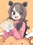  1girl absurdres animal_ears bear_ears bear_girl bergman&#039;s_bear_(kemono_friends) bread eating extra_ears food grey_eyes grey_hair highres kanmoku-san kemono_friends long_hair looking_at_viewer melon_bread open_mouth pink_sweater simple_background solo stuffed_toy sweater yellow_background 