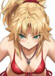  1girl bare_shoulders bikini blonde_hair blush braid breasts collarbone fate/apocrypha fate_(series) french_braid front-tie_bikini_top front-tie_top green_eyes hair_ornament hair_scrunchie highres long_hair mordred_(fate) ponytail red_bikini red_scrunchie scrunchie side-tie_bikini_bottom sidelocks solo swimsuit tonee 