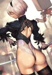 1girl ass back black_gloves black_thighhighs blue_eyes breasts feather-trimmed_sleeves gloves grin hairband highleg highleg_leotard hungry_clicker juliet_sleeves katana large_breasts leotard long_sleeves nier:automata nier_(series) parted_lips pod_(nier:automata) puffy_sleeves short_hair smile sword thighhighs thighs turtleneck turtleneck_leotard virtuous_contract weapon white_hair white_leotard yorha_no._2_type_b 