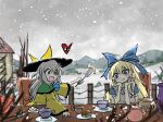  2girls alice_(black_souls) apron black_headwear black_souls blonde_hair blue_dress blue_eyes blush collared_shirt crossover cup dress food fork frilled_sleeves frills fyxq25559353 green_eyes grey_hair hair_between_eyes hat hat_ribbon highres holding holding_fork koishi_komeiji&#039;s_heart-throbbing_adventure komeiji_koishi long_hair long_sleeves multiple_girls outdoors parody puffy_short_sleeves puffy_sleeves ribbon sentaku-bune_(style) shirt short_sleeves smile snow snowing style_parody teacup third_eye touhou white_apron wide_sleeves yellow_ribbon yellow_shirt 