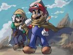  2boys belt blue_overalls blue_sky boots brothers brown_cape brown_footwear brown_hair cape cloud facial_hair gloves green_headwear green_shirt hammer hand_on_hip highres holding holding_hammer holding_weapon hood hood_up luigi mario mario_&amp;_luigi_rpg mario_(series) masanori_sato_(style) mountain multiple_boys mustache outdoors over_shoulder overalls red_headwear red_shirt rock shirt short_hair siblings sky twins weapon weapon_over_shoulder white_gloves ya_mari_6363 
