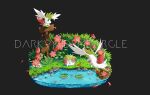  :d bush closed_mouth commentary darkvoiddoble dunsparce falling_petals flower grass green_eyes lotad moss no_humans open_mouth petals pink_flower pokemon pokemon_(creature) shaymin shaymin_(land) shaymin_(sky) smile water 