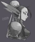  1girl animal_ears breasts breath_of_fire breath_of_fire_iv closed_mouth commentary eyeliner greyscale hair_bun highres makeup monochrome oko_(ocotaros) short_hair simple_background single_hair_bun solo ursula_(breath_of_fire) 